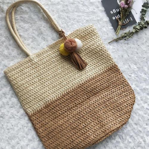 Straw Woven Shoulder Bag with hanging ornament & contrast color PC