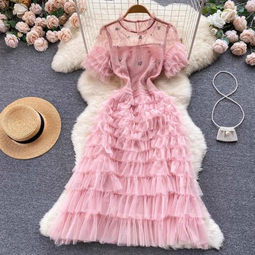 Gauze & Lace & Spandex Waist-controlled & Layered One-piece Dress slimming patchwork pink PC