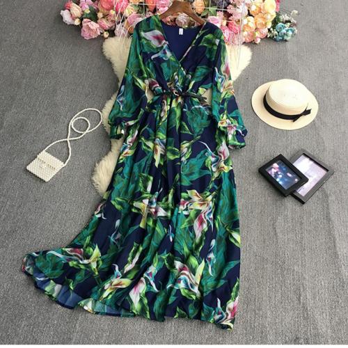 Chiffon Slim & High Waist One-piece Dress printed floral green PC