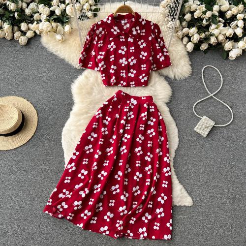 Polyester Slim & High Waist Two-Piece Dress Set, midriff-baring, printed, more colors for choice, :,  Set