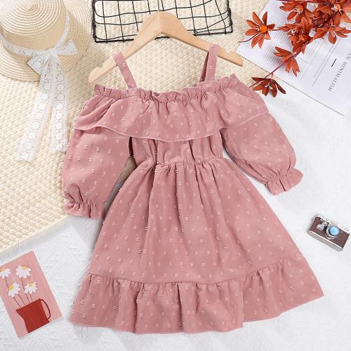 Polyester Girl One-piece Dress Cute & off shoulder & breathable Solid pink PC