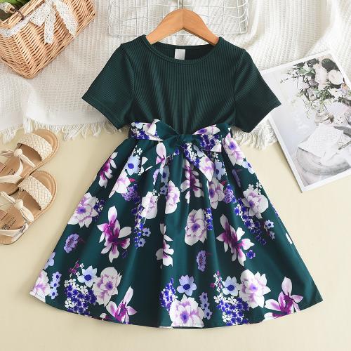 Polyester Soft Girl One-piece Dress perspire & breathable printed floral green PC