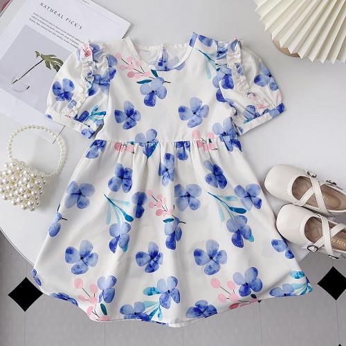 Polyester Soft Girl One-piece Dress Cute printed floral white PC