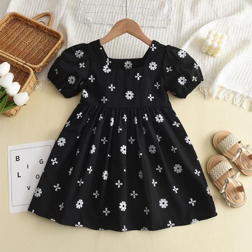 Polyester Soft Girl One-piece Dress Cute & breathable printed floral black PC