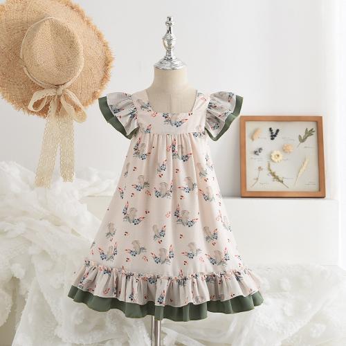 Polyester lace & Soft Girl One-piece Dress with bowknot printed floral green PC