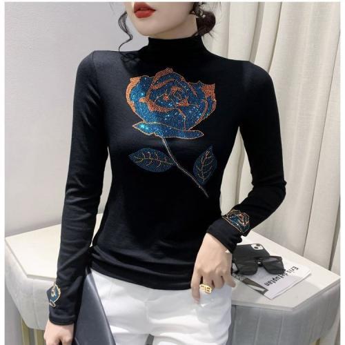 Polyester Slim & Plus Size Women Long Sleeve T-shirt, different size for choice, iron-on, floral, black,  PC