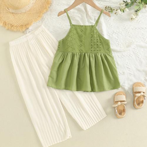 Polyester & Cotton Girl Clothes Set & two piece & off shoulder Pants & camis green Set