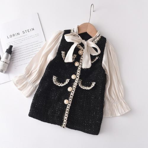 Polyester & Cotton Slim Girl One-piece Dress & fake two piece patchwork white and black PC