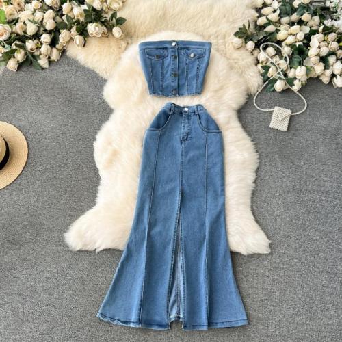 Denim front slit Two-Piece Dress Set & two piece & off shoulder Solid blue Set