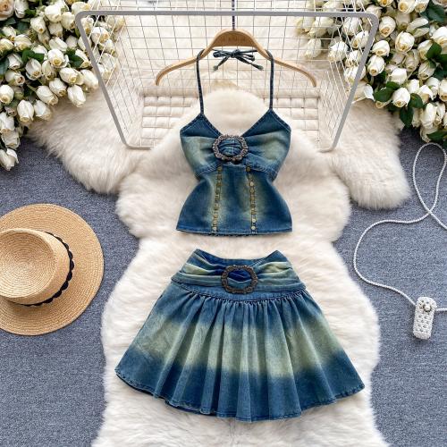 Denim Pleated Two-Piece Dress Set & two piece & off shoulder Solid blue Set
