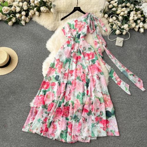 Polyester Waist-controlled One-piece Dress, large hem design & different size for choice & One Shoulder, printed, floral, more colors for choice,  PC