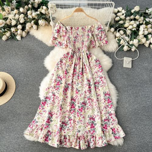 Polyester Waist-controlled One-piece Dress, large hem design & off shoulder, printed, different color and pattern for choice, more colors for choice, :,  PC
