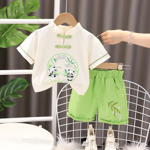 Cotton Children Clothes Set & unisex & breathable Pants & top patchwork green Set
