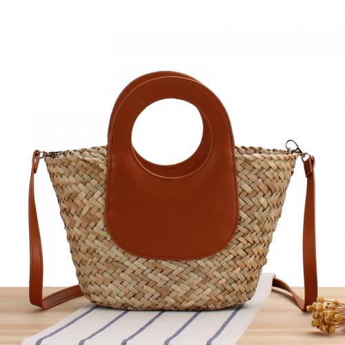Straw & PU Leather Beach Bag & Easy Matching Woven Tote attached with hanging strap PC