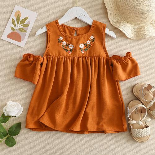 Polyester Girl One-piece Dress Cute & off shoulder Solid orange PC