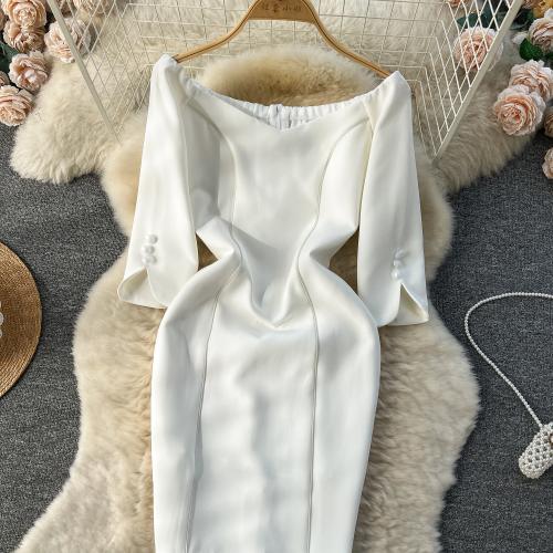 Polyester Waist-controlled Sexy Package Hip Dresses & off shoulder Solid white PC