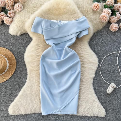 Polyester Sexy Package Robes hip Solide Bleu pièce
