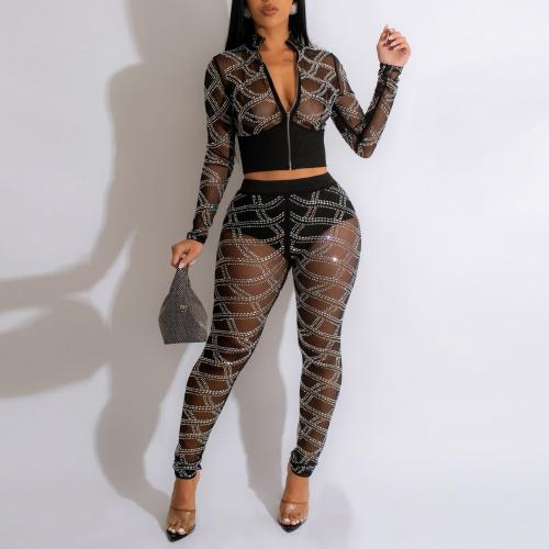 Polyester Plus Size Women Casual Set see through look Long Trousers & long sleeve blouses iron-on black Set