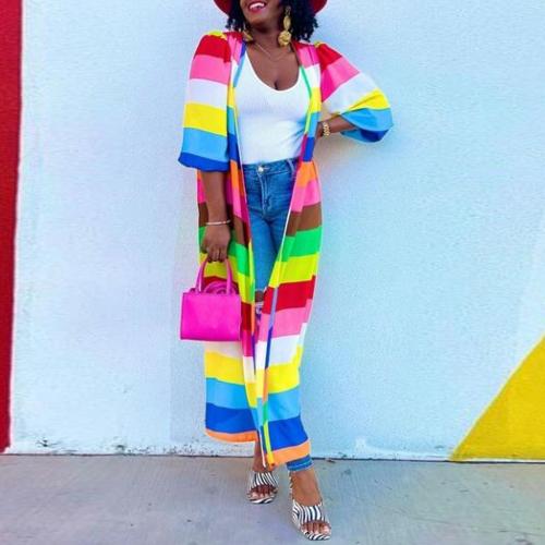 Polyester Plus Size Women Long Cardigan patchwork striped multi-colored PC
