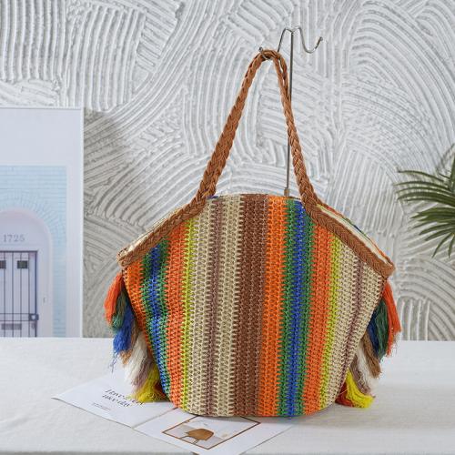 Paper Rope Beach Bag & Easy Matching Woven Shoulder Bag large capacity striped multi-colored PC