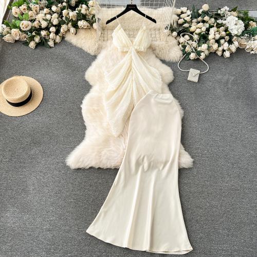 Polyester Two-Piece Dress Set deep V & backless & two piece Solid white Set