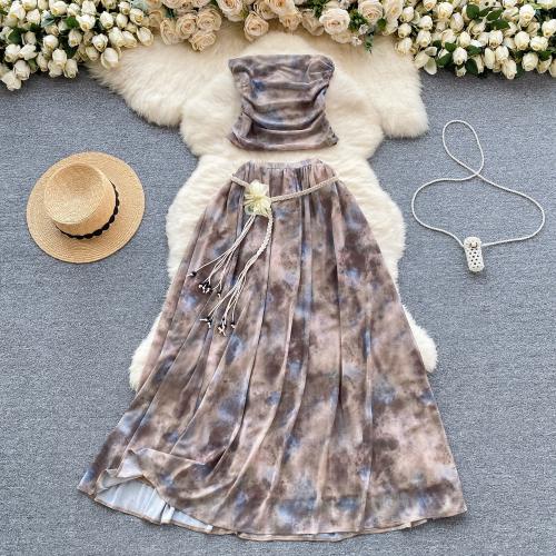 Polyester Two-Piece Dress Set double layer & two piece & off shoulder Polyester printed gray Set