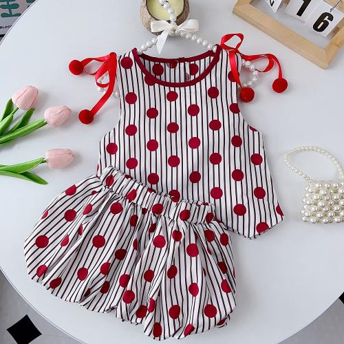 Polyester Soft Girl Clothing Cute & two piece printed dot red Set
