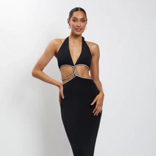 Spandex & Polyester Slim Long Evening Dress backless & hollow black PC