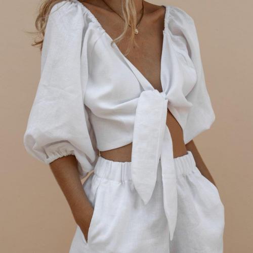 Polyester & Cotton Women Casual Set slimming & loose short pants & top white Set