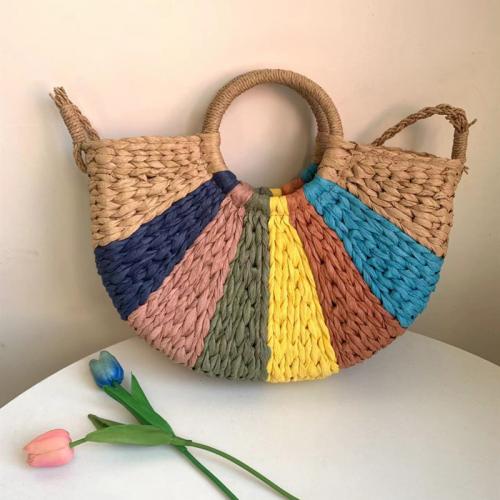Straw Easy Matching Woven Tote attached with hanging strap striped multi-colored PC