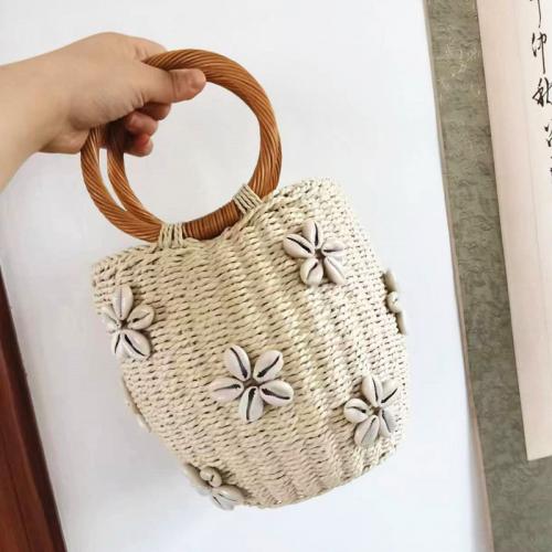 Paper Rope & Shell Easy Matching & Bucket Bag Woven Tote, floral, beige,  PC