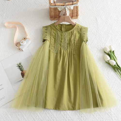 Gauze & Cotton Princess Girl One-piece Dress Cute Solid green PC