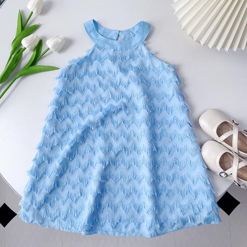 Polyester Soft & Tassels Girl One-piece Dress & breathable Solid light blue PC