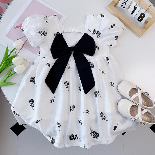Polyester Soft Girl One-piece Dress Cute & breathable printed floral white PC