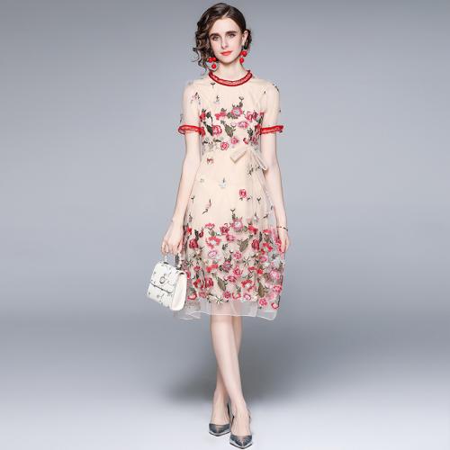 Polyester High Waist One-piece Dress slimming embroidered floral PC