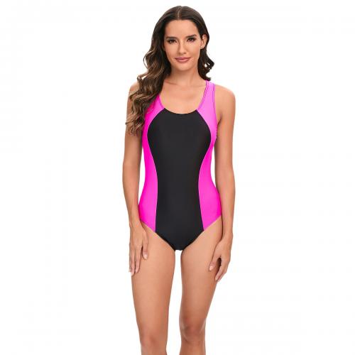 Polyester One-piece Swimsuit slimming & hollow patchwork rose and black PC