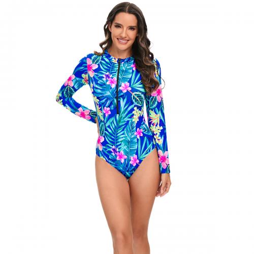 Polyester One-piece Swimsuit slimming printed floral blue PC