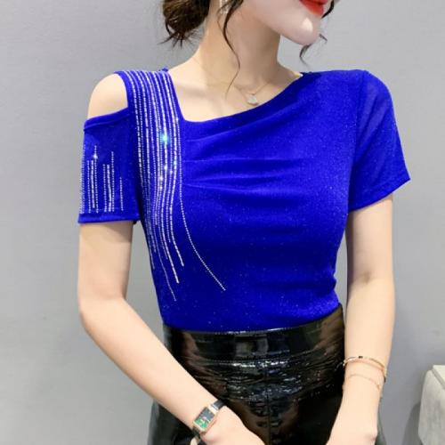 Polyester Slim Women Short Sleeve T-Shirts, different size for choice & off shoulder, iron-on, more colors for choice,  PC