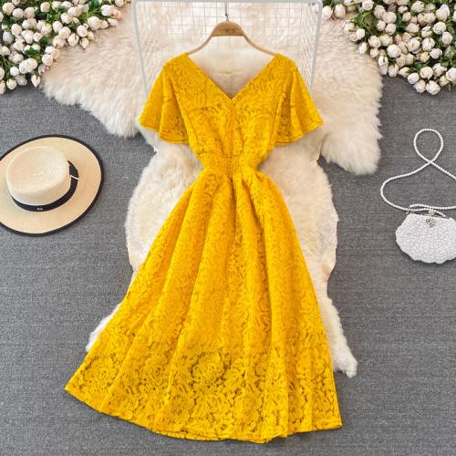 Polyester Slim & High Waist One-piece Dress, large hem design & mid-long style, embroidered, more colors for choice, :,  PC