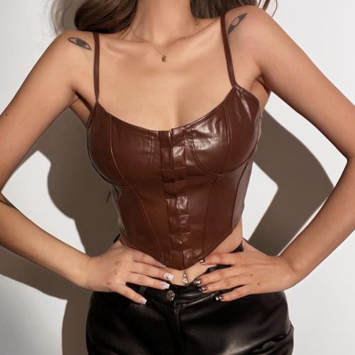 PU Leather Slim Camisole midriff-baring brown : PC