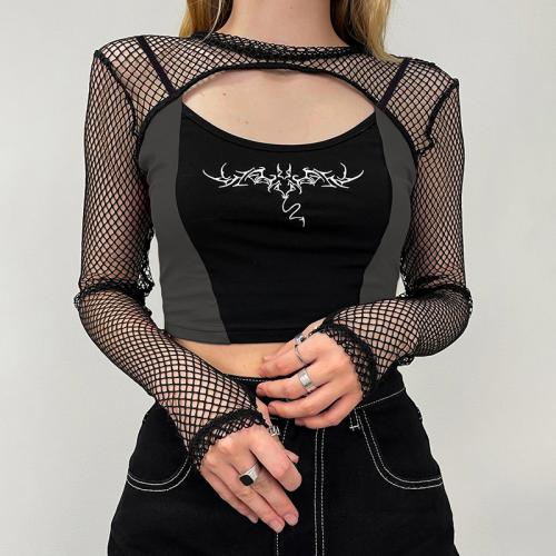 Polyester Slim Women Long Sleeve Blouses midriff-baring & two piece printed letter black Set