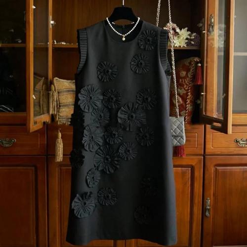 ポリエステル ワンピースドレス, 印刷, 単色, 黒,  一つ
