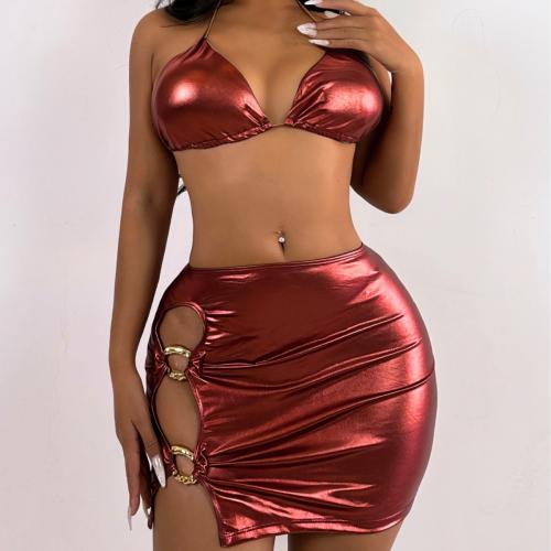 Polyester Bikini & three piece & hollow & padded Solid red Set