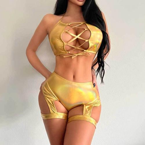 Polyester Tankinis Set & two piece & hollow & padded Solid :L Set