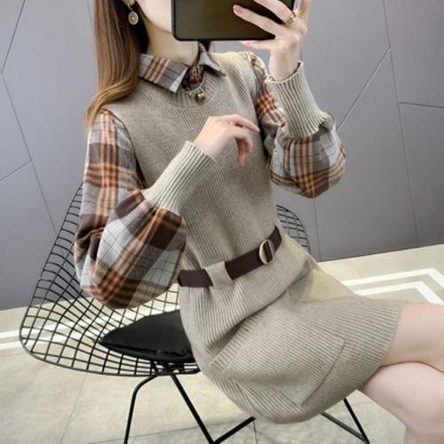 Acrylic & Polyester Waist-controlled Autumn and Winter Dress fake two piece patchwork plaid : PC