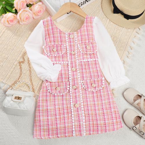 Polyester Soft Girl One-piece Dress & breathable plaid pink PC