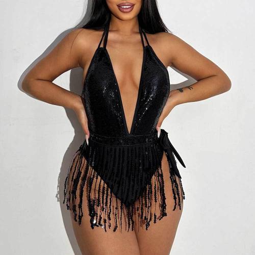 Polyester One-piece Swimsuit backless & skinny style black PC