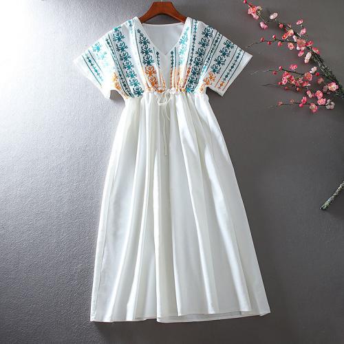 Cotton Linen High Waist One-piece Dress embroidered Solid white PC
