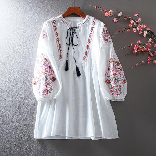 Cotton Linen High Waist One-piece Dress embroidered Solid PC