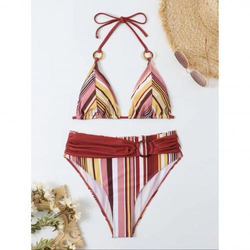 Spandex & Poliéster Bikini, impreso, a rayas, rojo,  Conjunto